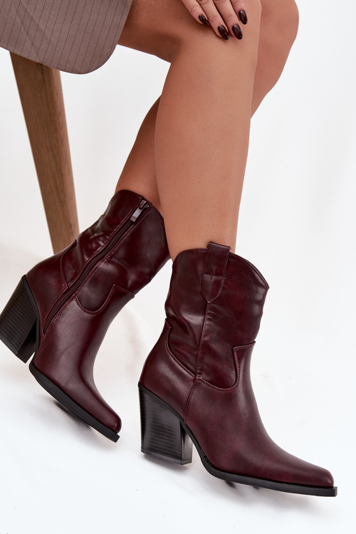 Damskie Botki Obcas Słupek Kowbojki Eko Skórzane Bordowe Sorelia