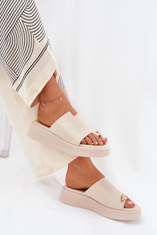 Women's Platform And Low Wedge Slippers With Decorative Detail Beige Saqesse