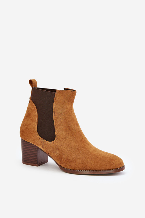 Chunky Heeled Ankle Boots Made of Eco Suede Camel Sinirae