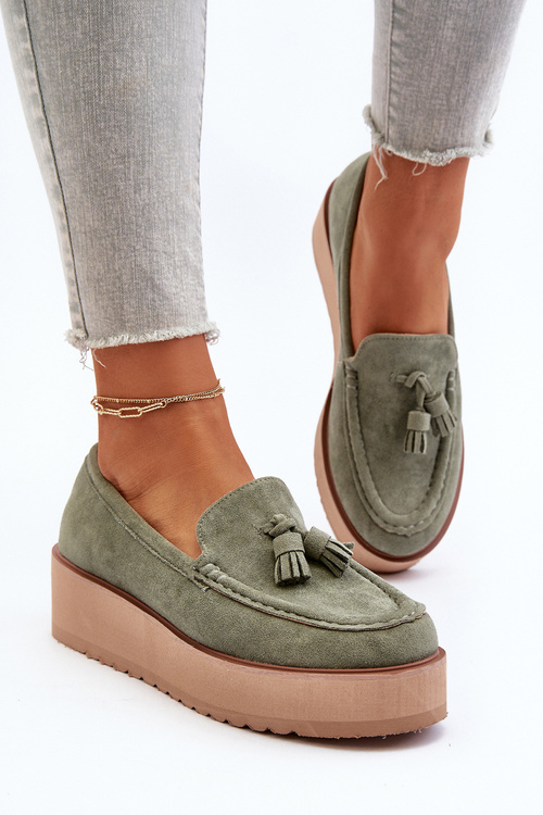 Women's Platform Moccasins with Fringes Green Mialani