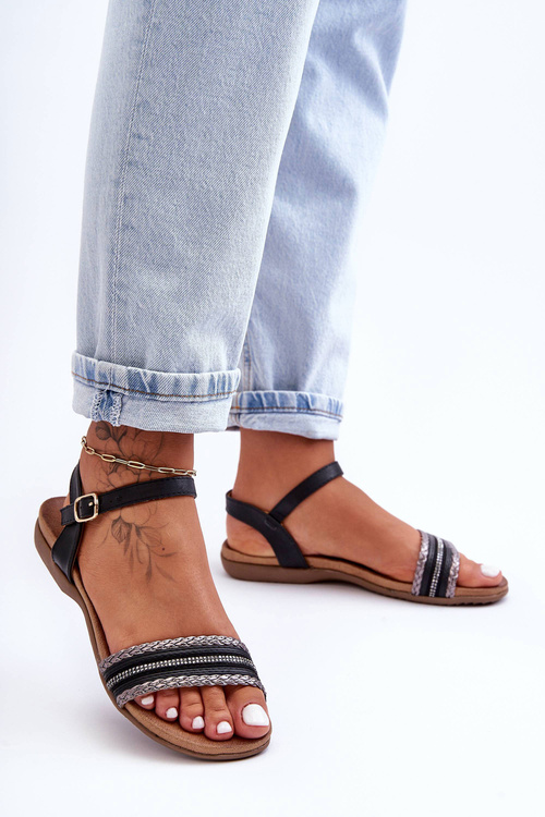 Sandały Klasyczne Damskie Ozdoby Kryształki Czarne S.Barski SS27-79