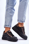 Buty Sportowe Damskie Skóra Platforma Czarne Alison