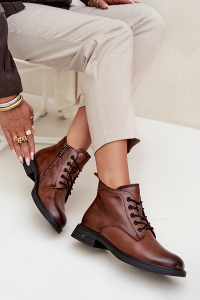 Insulated Leather Women's Ankle Boots Low Heel Vinceza 39953 Brown