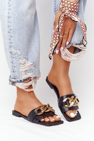 Leather Slippers With A Chain Black French Kiss