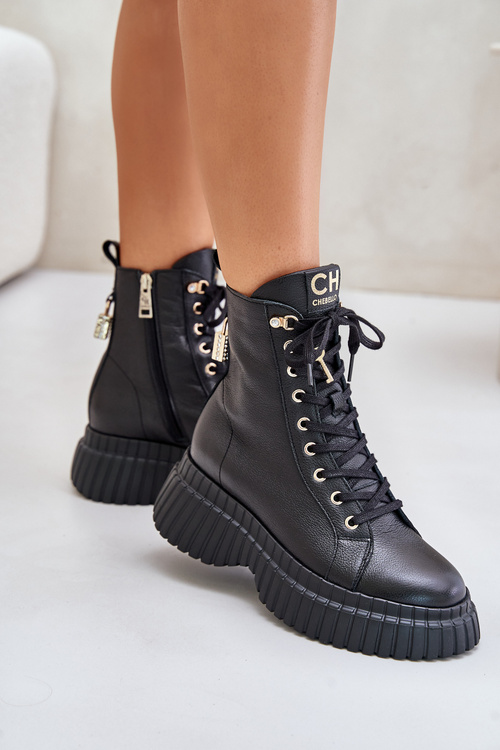 Botki Skóra Naturalna Platforma Ozdobna Kłódka Zamek Czarne CheBello 4517