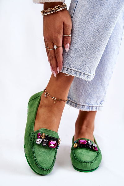 Women's suede loafers with decorations Green Janetta