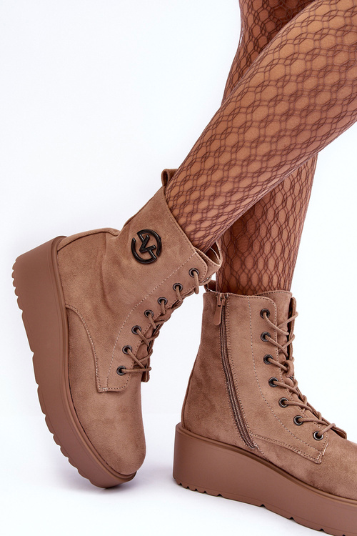 Suede Boots on Massive Platform Wedge Heel Beige Lavica