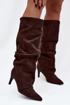 Wrinkled High Heel Boots Made of Eco Suede Insulated Chocolate Mavella