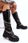 Women's Classic Leather Boots with Chains Black Lannera