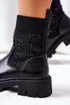 Elastic Fabric Boots Black With Cubic Zirconia XOXO