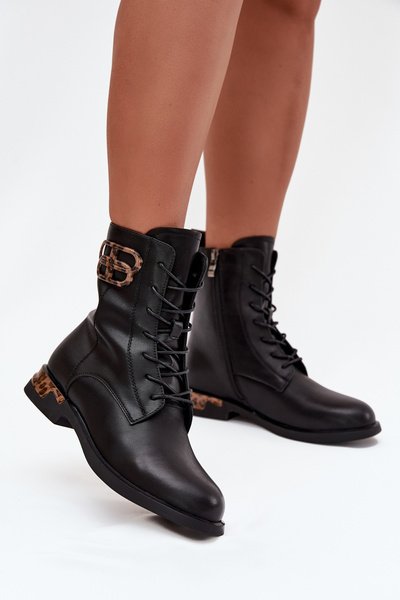 Leather Women's Flat Heel Ankle Boots with Decoration Lined Artiker 57C1064 Black