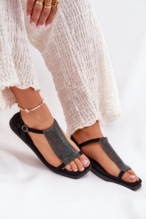 Flat Elegant Women's Sandals With Crystals Artiker 56C1370 Black