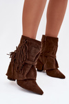 Women's heeled ankle boots with fringes and gold buckles brown Evelisse Botki Damskie
