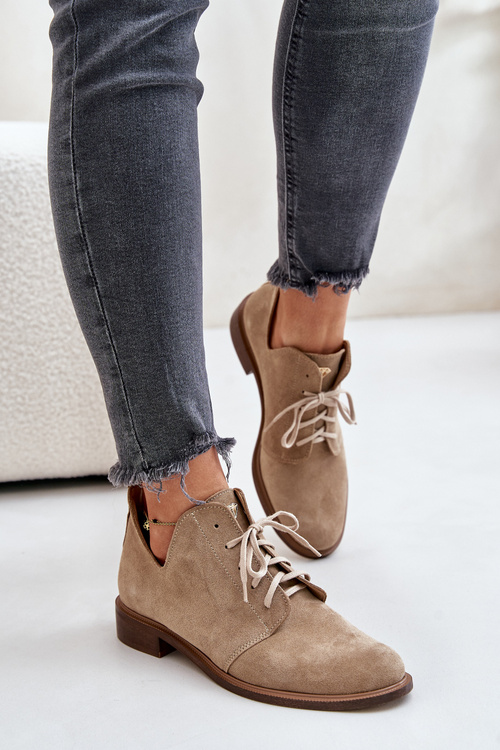 Zazoo 2959 Suede Oxford Shoes Lace-Up Flat Heel Beige