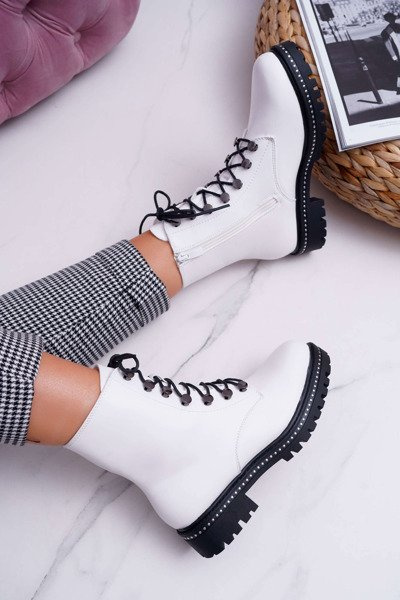 Women's Flat Heel High Boots Glans White Buena