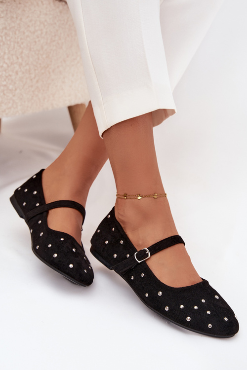 Embellished Women's Ballerinas with Strap Black Olivisse