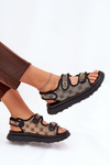 Ladies Patterned Fabric Sandals With Golden Details Beige-Black Pefese