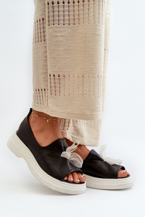 Damskie Sandały Skóra Naturalna Kokardka Czarne Zazoo 2939