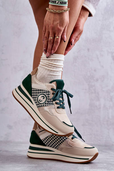 Buty Sportowe Modne Damskie Koturn Beżowo-Zielone Aronne