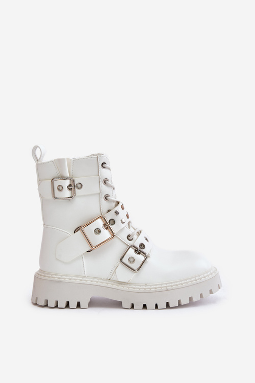 Eco Leather Ankle Boots Workers With Buckles White Serizia