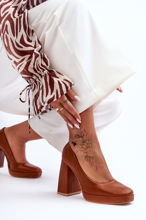 Czółenka Skóra Masywny Obcas Camel Rosalia N045