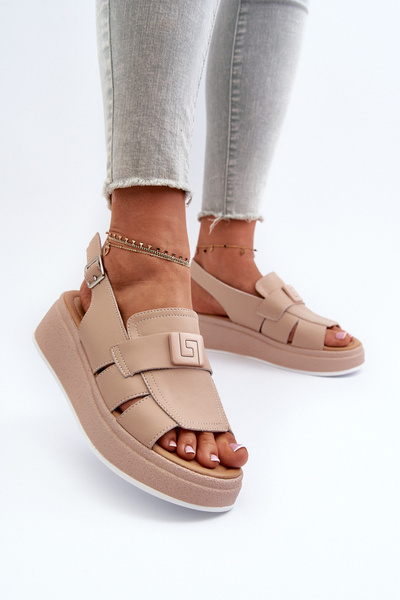 Leather Women's Platform and Wedge Sandals Dark Beige Vivitellia