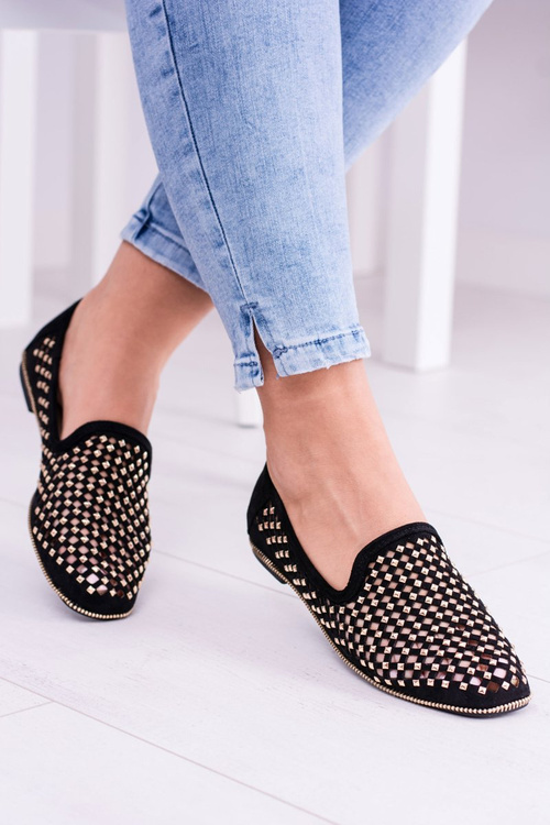 Lu Boo Black Openwork Ballerina Lords Lords Studs Carmar