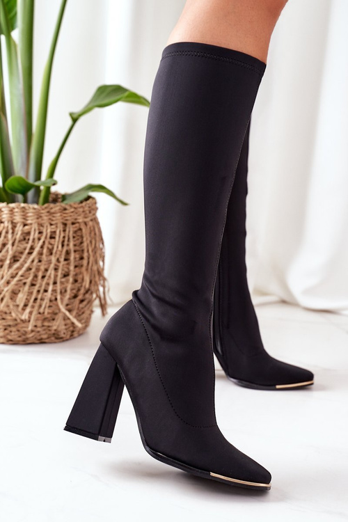 High Boots On A Block Heel Made of Elastic Fabric Black Effect Wow