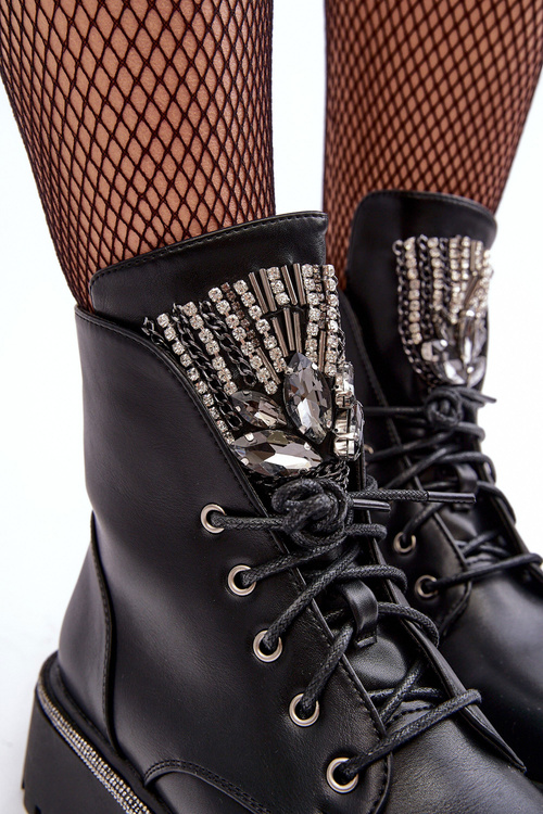 Workery Botki Niskie Biżuteryjna Ozdoba Czarne Melenope NC1310