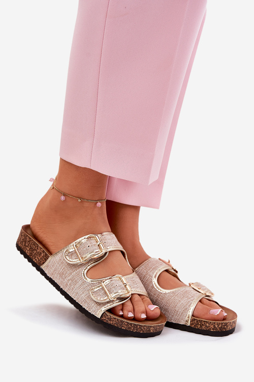 Klapki Damskie Materiałowe Z Klamrami Na Korkowej Platformie Złote Osoffe