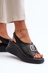 Black Women's Leather Wedge Sandals with Ornament Salvania