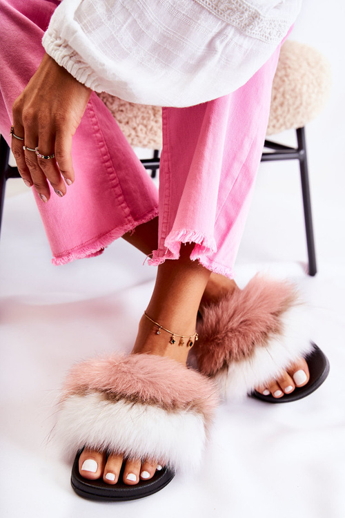 Slippers With Natural Fur White and pink Naturis