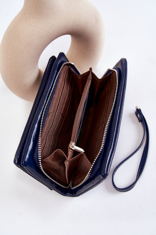 Women's Large Leather Wallet With A Zipper Navy Blue Shiness