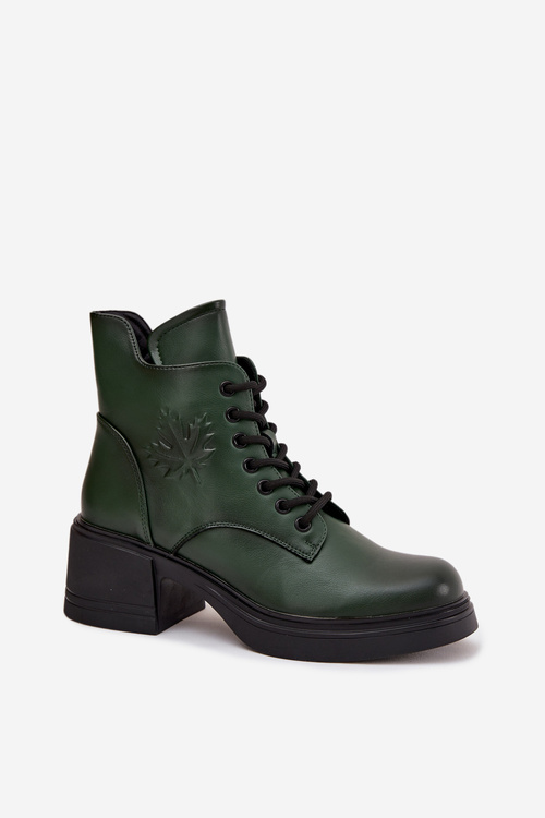 Women's Leather Block Heeled Boots with Lining Vinceza 39950 Dark Green