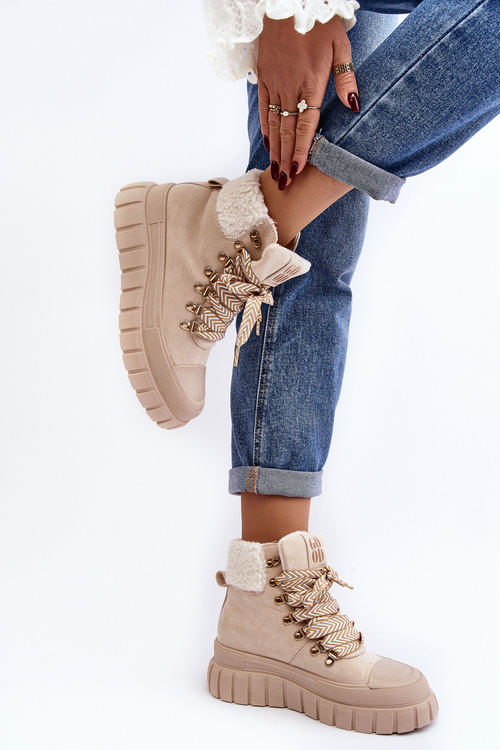 Trapery Botki Damskie Gruba Podeszwa Jasnobeżowe Ralotta EV-372