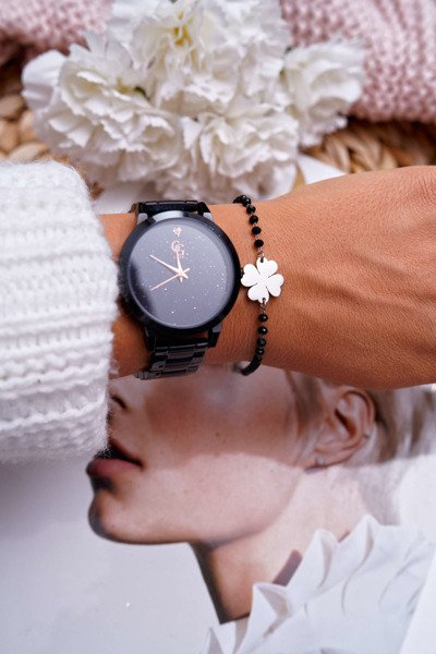 Women's Bracelet On Chain Silver Black Beads Clover Chaser