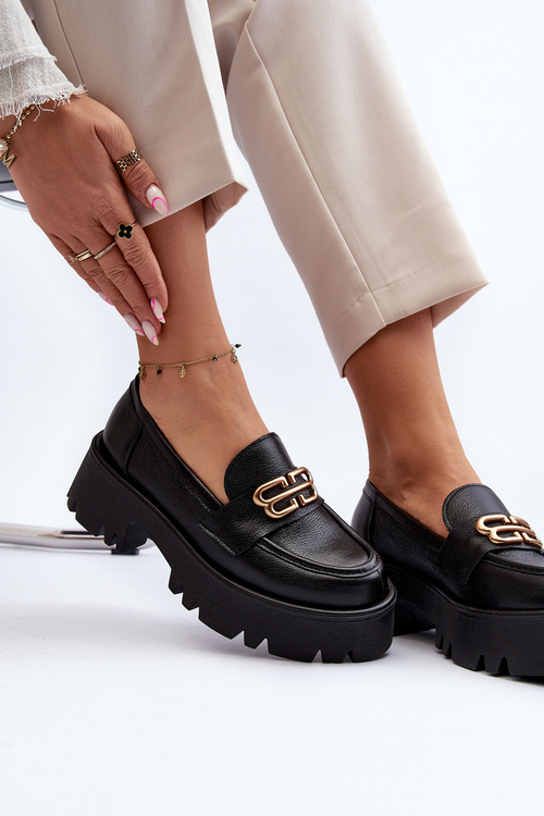 Loafersy Damskie Masywne Skóra Naturalna Czarne Zazoo 20164