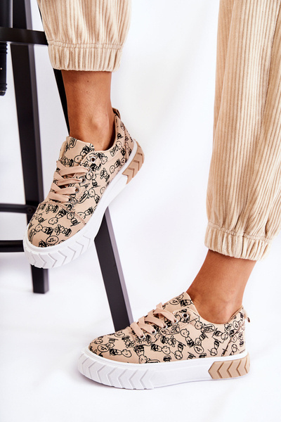 Sneakersy Buty Sportowe Damskie Print Beżowe Awersa