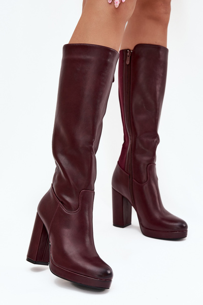 Women Knee High Boots On Heels Eco Leather Burgundy Thalina