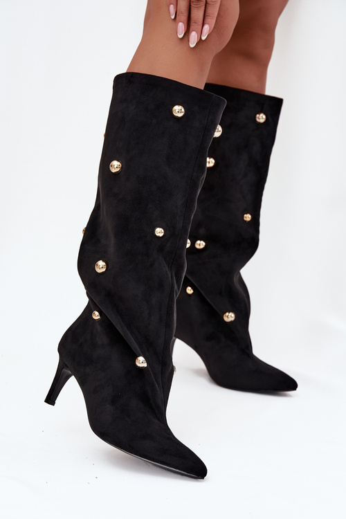 Damskie Kozaki Obcas Szpilka Wsuwane Złote Ozdoby Czarne Thaliane