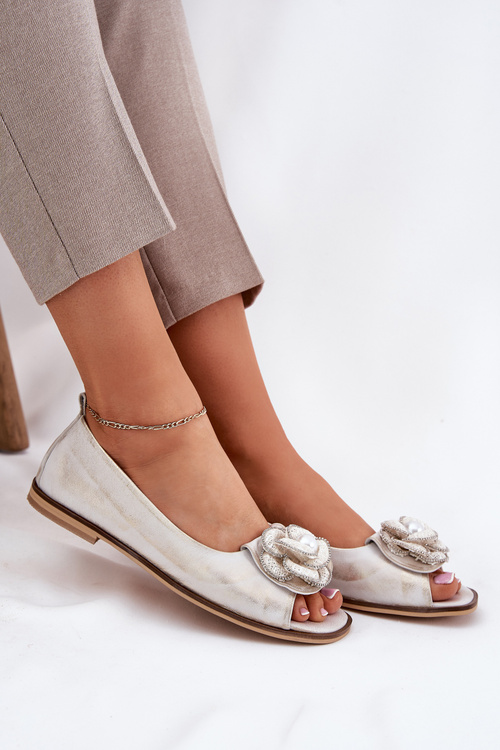 Leather Ballerinas With Open Toes And Flower Zazoo 1870 Distressed Gold