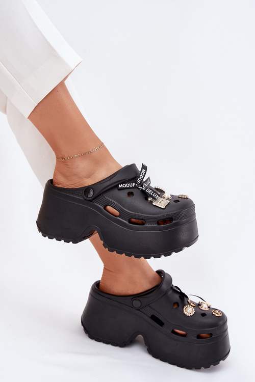 Women's Slide Sandals On Chunky Platform With Embellishments Black Vivira