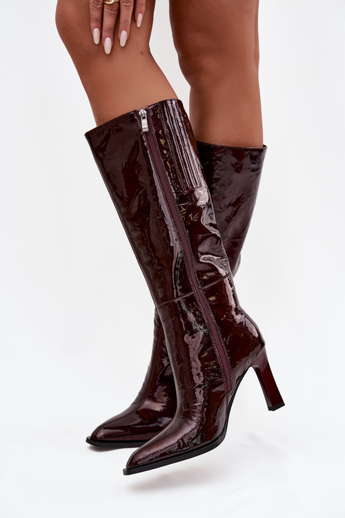 Leather Lacquered Women's Boots Heeled Lined D&A CR52-716 Burgundy
