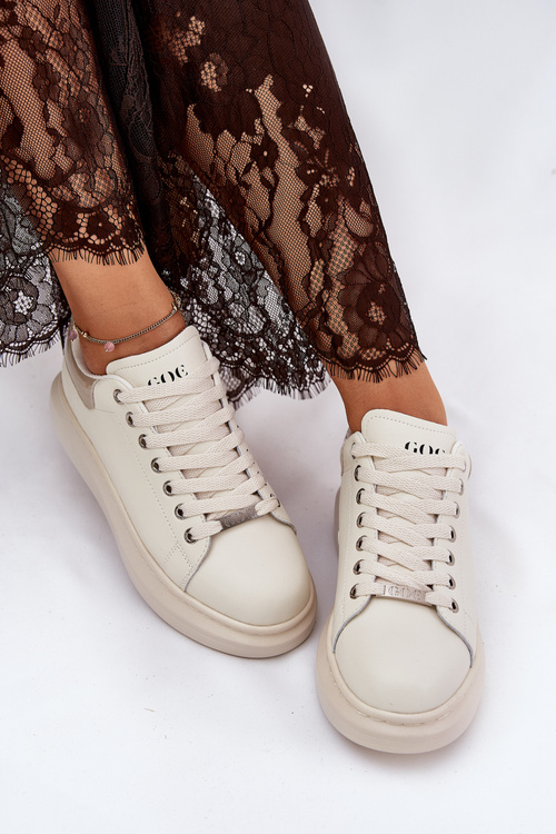 Damskie Sneakersy Skóra Naturalna Platforma Beżowe GOE RR2N4004