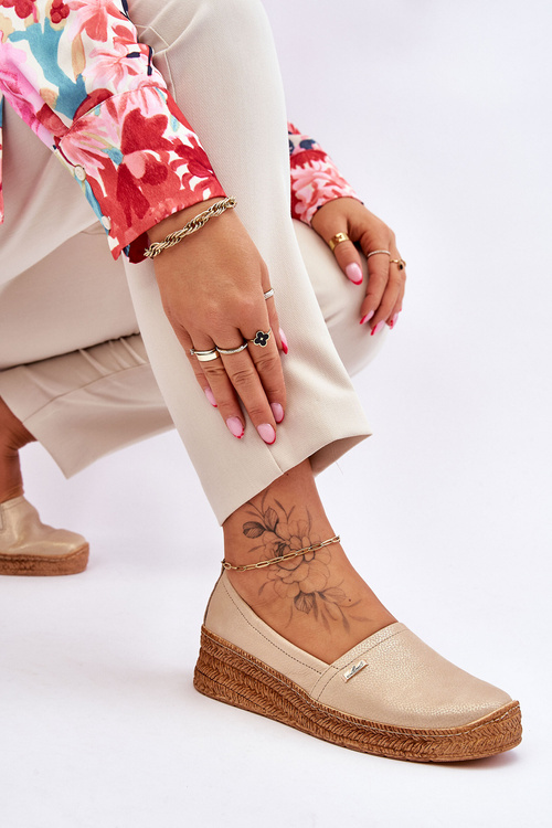 Espadryle Damskie Skóra Koturn Beżowo-Złote Lemar Hadlee