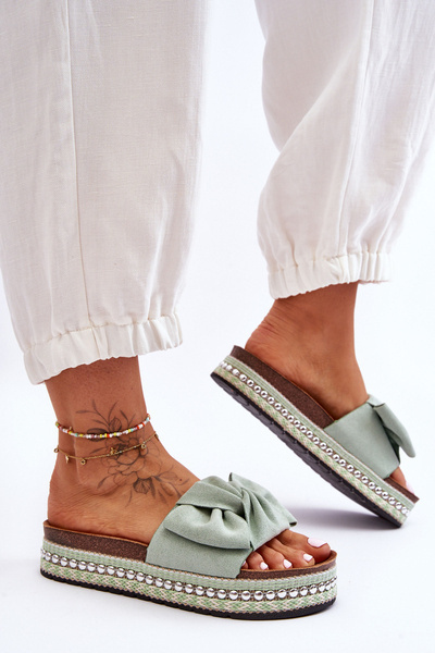 Women's Suede Slippers With Bow Green Lauria
