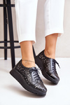 Półbuty Skórzane Ażurowy Wzór Platforma Czarne Zazoo 2973