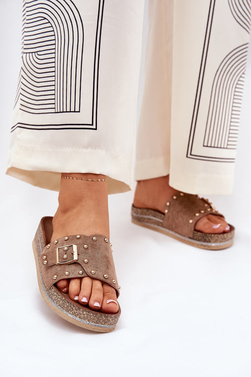 Ladies Platform Sandals With Buckle And Studs Khaki Nusithia