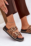 Women's platform slippers with leopard print and gold buckles brown Tersele