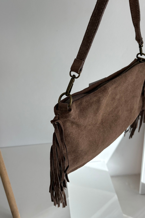 Leather Suede Bag with Fringes Brown Jessira